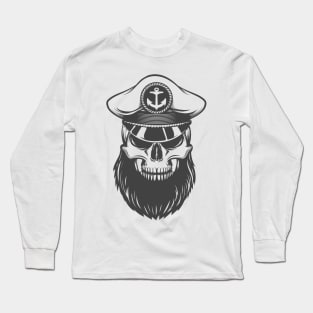 Skull with Beard in Captain Hat Long Sleeve T-Shirt